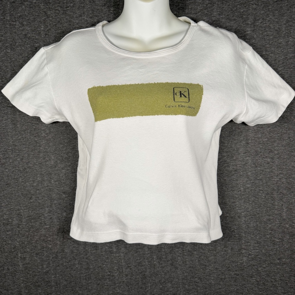 Vintage Calvin Klein Jeans Baby Tee Womens Large White Ribbed Green Logo Y2K